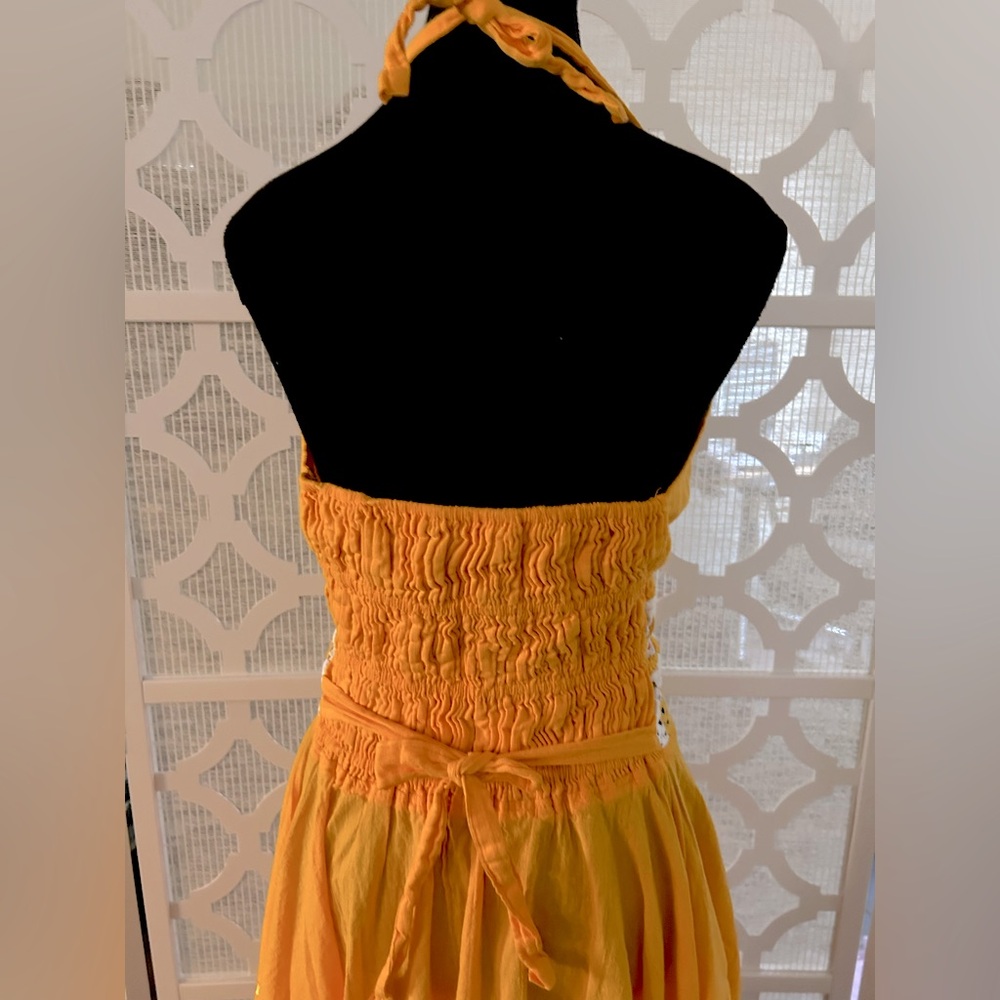 EMBROIDERED SMALL Orange Gold Halter Dress  Floral Boho Cottage Core - Picture 5 of 14